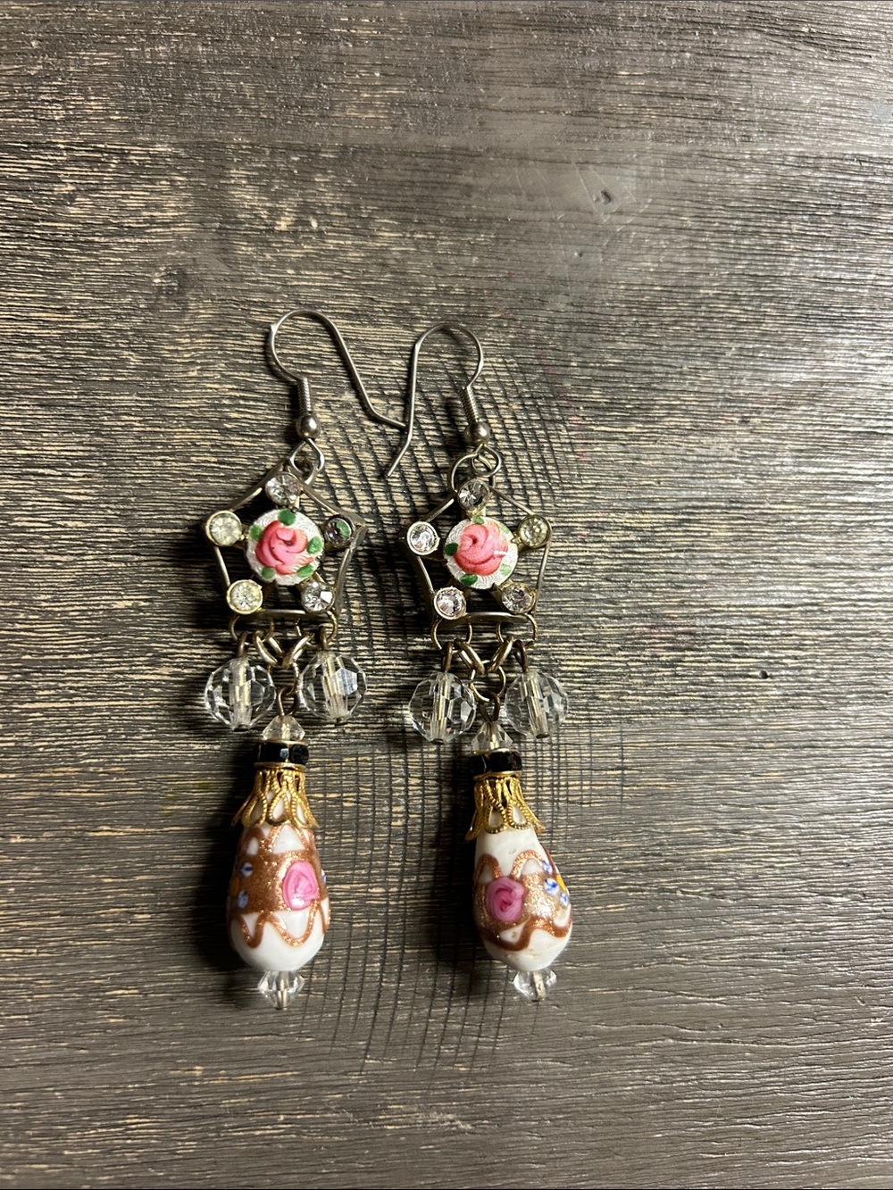 Handcrafted‎ Pink Rose Dangle Earrings - Vintage Floral Design